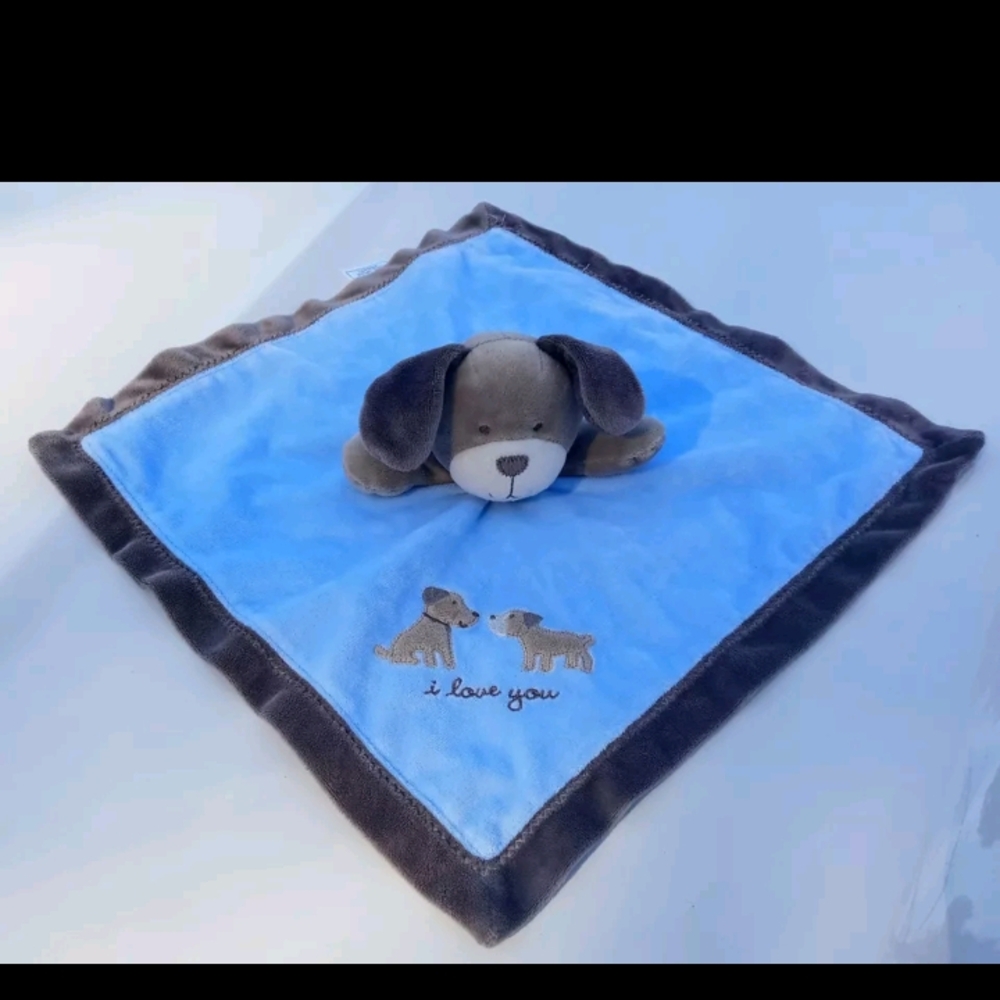 Carters I Love You Puppy Dog Lovey Rattle Security Blanket Satin Blue Brown